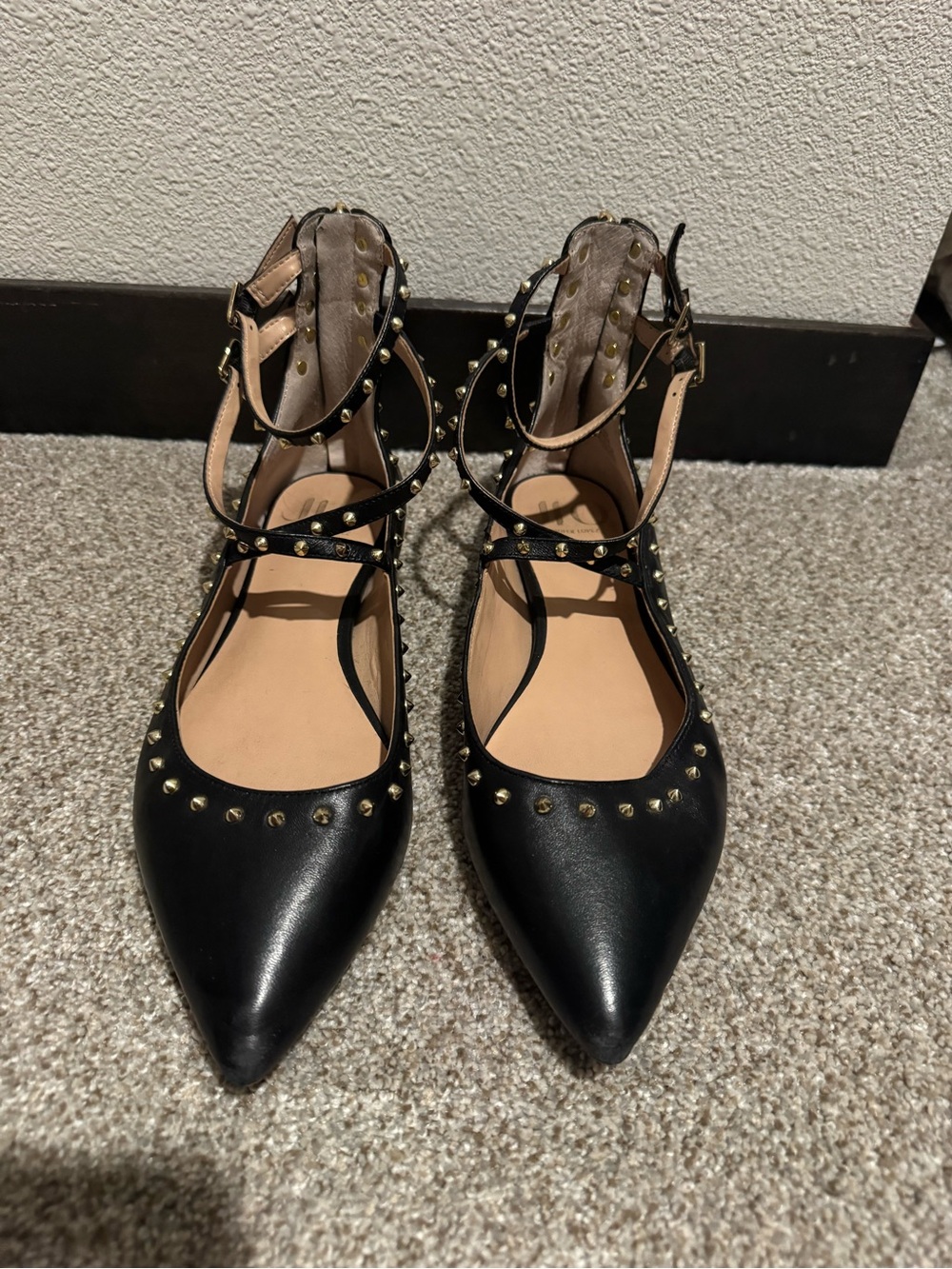 Jennifer Lopez Black Pointed Studded Ankle-Strap Flats